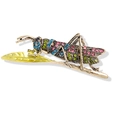 Grasshopper brooch with colorful rhinestones and gold metal finish on a leaf - YNCP316 Multi-color Grasshopper / Gold