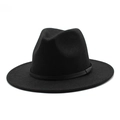 Classic black wide brim wool felt fedora hat with elegant decorative band for men and women - M (56-58cm) / Black