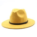 Detail of yellow herringbone wool fedora hat with a slim black leather decorative band - M(56-58cm) / Yellow