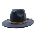 Cappello fedora classico in lana a quadri blu e neri con cordino marrone e perline - M (56-58cm) / Blu navy