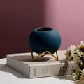 Modern navy blue matte ceramic vase with gold metal stand for elegant home decor - Sapphire Blue