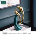 Modern dark green and gold ceramic swan statues home decor ornaments 14x7x27cm - Dark Green Gold 9122-Watching / Emerald Green/Gold