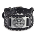 Classic vintage black leather bracelet with silver Tree of Life and star metal plate - PU Antique Silver