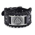 Men's black braided leather bracelet with silver Valknut and rune metal plate - PU / Black PU Leather Antique Silver