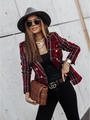 Detailed view of red plaid tweed blazer featuring golden lion head buttons and texture - S / Burgundy
