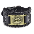 Black leather wide bracelet with bronze Valknut symbol and Viking runes engraving - PU Antique Bronze-Valknut
