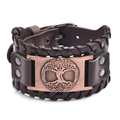 Bracelet punk en cuir marron avec plaque en métal arbre de vie bronze et détails tissés - Cuir PU/Alliage / Cuir PU Marron Cuivre Rouge Antique