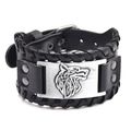 Men's black leather cuff bracelet featuring a silver Celtic wolf head metal plate - PU Antique Silver-Wolf Head