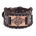 Brown leather wide bracelet with vintage bronze dragon totem and Celtic knot design - PU Antique Red Copper