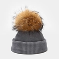 Detailed shot of dark grey ribbed knit beanie with a large fluffy faux fur pom-pom topper - Kids 50-53cm(1-5 Years) / Gray