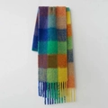 Rainbow plaid scarf with blue and purple hues featuring soft plush texture and fringe - Teal