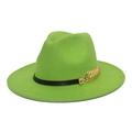 Vibrant green wide brim fedora hat featuring black band with golden leaf metal buckle - M (56-58cm) / Fruit Green