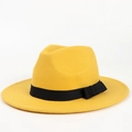 Detail of yellow wool fedora hat with a black grosgrain ribbon and classic bow - 56-59cm Adjustable / Yellow