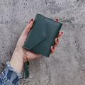 Dark green lychee pattern wallet with tassel pendant and minimalist envelope flap design - Green