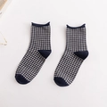 Retro Japanese blue gingham crew socks with roll-top cuffs and reinforced heel - Navy Blue Plaid