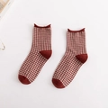 Vintage red gingham women's crew socks with stylish rolled edge and cotton texture - Orange Red Gingham