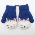Blue and white color-block knitted mittens with cute cat face and neck string - 1-3 Years / Cat Figurine Lanyard Style / Dark Blue