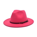 Modern wide brim wool fedora in bright pink featuring a black leather band with gold buckle - M(56-58cm) / Rose Red