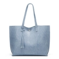 Blue oil wax faux leather bucket bag for women with vintage texture and tassel charm - Light Blue