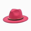 Magenta wide brim wool fedora hat featuring a stylish gold chain band accessory - M (56-58cm) / Rose Red