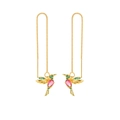 Orecchini a catena lunga con colibrì in oro con cristalli rosa e gemme verdi fini - Oro Pietra Rosa Verde Filo (02#S50)