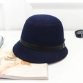 Classic navy blue wool felt bucket hat with a sleek black belt and silver buckle detail - Navy Blue