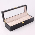 6-slot matte black wooden watch box with beige velvet interior and glass lid - 6 Slots Black Beige Interior