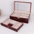 Double-layer dark redwood grain watch box with beige lining and glass display top - 6+3 Slots Dual Layer Red