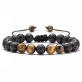 Adjustable braided bracelet featuring natural black volcanic lava and brown tiger eye beads - Black Lava Stone with Brown Tiger Eye Braided Bracelet