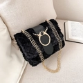 Quilted black faux fur crossbody bag with golden reindeer clasp and chain strap - Black