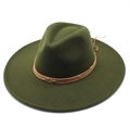 Deep green wide brim wool fedora hat with beaded leather band for autumn fashion - Army Green / Adult 57-59cm