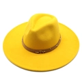 Detail of a bright yellow wool fedora featuring a multilayered brown cord band and gold beads - Yellow / Adult 57-59cm