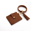 Brown lychee leather wristlet keychain with wave-edge card wallet and gold hardware - Brown