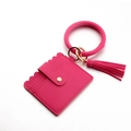 Hot pink card holder keychain with round PU leather wristlet and gold hardware - Rose Red