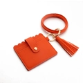 Orange lychee pattern leather card holder wristlet keychain with tassel and gold hardware - Orange Red