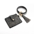 Leopard print PU leather card holder keychain with bangle wristlet and tassel charm - Black Grey Leopard