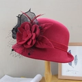 Elegant wine red wool felt bucket hat for women with mesh flower and feather accents - Adjustable / Burgundy