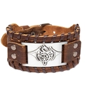 Brown leather wide cuff bracelet featuring a silver dragon and Celtic knot metal plaque - Brown + Antique Silver