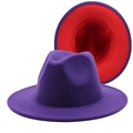 Detail of wool fedora hat showing purple exterior and vibrant red underbrim contrast - Purple + Red