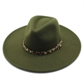 Detail view of dark green wool fedora with a leopard print band and gold buckle - Adult 57-59cm / Army Green