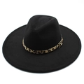 Detail showing black felt fedora with leopard print band and golden metal buckle accessory - Adult 57-59cm / Black