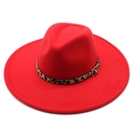 Detail of red fedora hat with leopard print leather band and golden metal buckle - Adult 57-59cm / Red