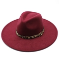 Classic burgundy fedora hat with wide brim and leopard print band for men and women - Adult 57-59cm / Burgundy