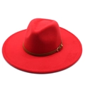 Detail view of red wide brim fedora hat with brown faux leather belt and gold buckle - Adult / Red