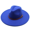 Classic bright blue wide-brim wool fedora hat with brown leather belt and metal buckle - Adult / Blue