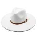 Close-up of a white wool felt fedora featuring a brown leather band and gold buckle detail - Adult / White