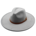 Detail of light gray wide brim wool fedora hat with brown leather belt and golden buckle - Adult / Light Gray