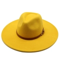 Classic bright yellow wide brim fedora hat with brown leather band and gold buckle detail - Adult / Yellow