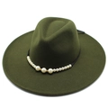 Detail of dark green wide brim fedora hat featuring white pearls and gold rhinestone accents - Adult 57-59cm / Army Green