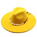 Detail of yellow wool fedora hat featuring black band with elegant white pearl accents - Adult 57-59cm / Yellow